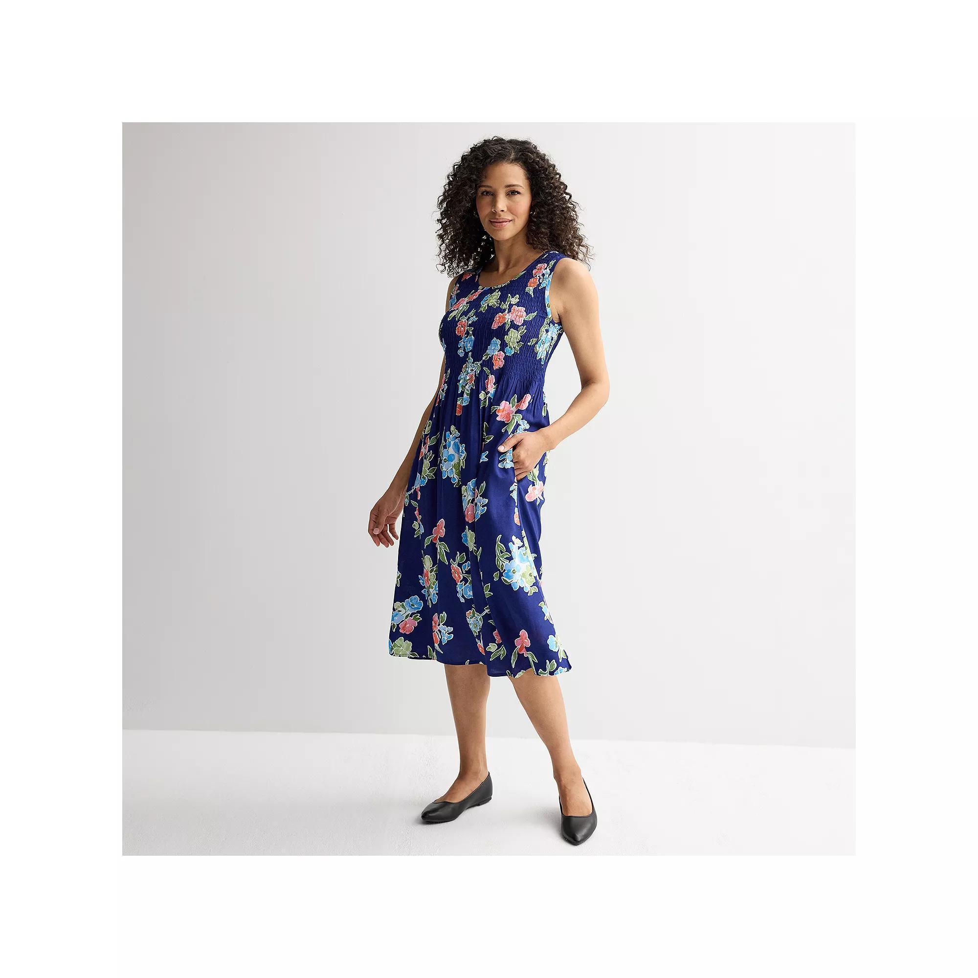 Women's Croft & Barrow® Smocked Midi Dress, Size: Small, Blue Floral Wash Product Image