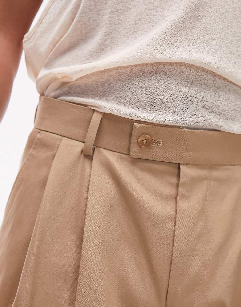 Topman compact cotton wide leg pants in stone Product Image