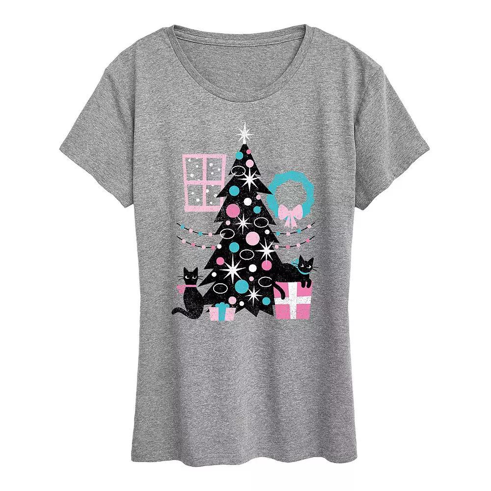 Women's Cats And Christmas Tree Graphic Tee, Girl's, Size: XL, Gray Product Image