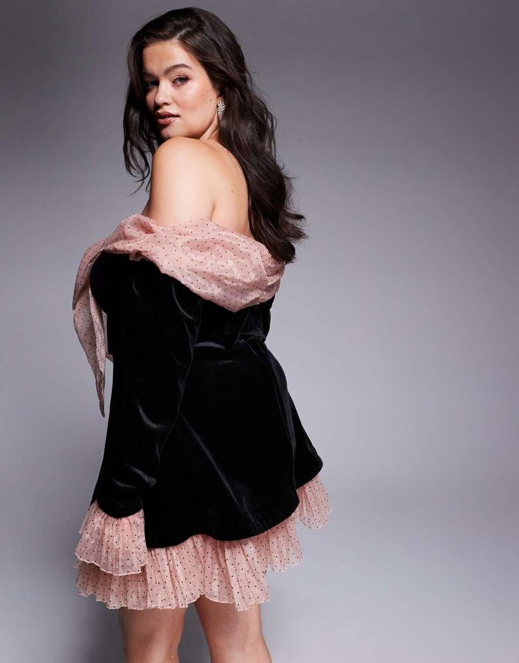 ASOS LUXE Curve velvet bardot mini dress with pleated textured organza in black Product Image