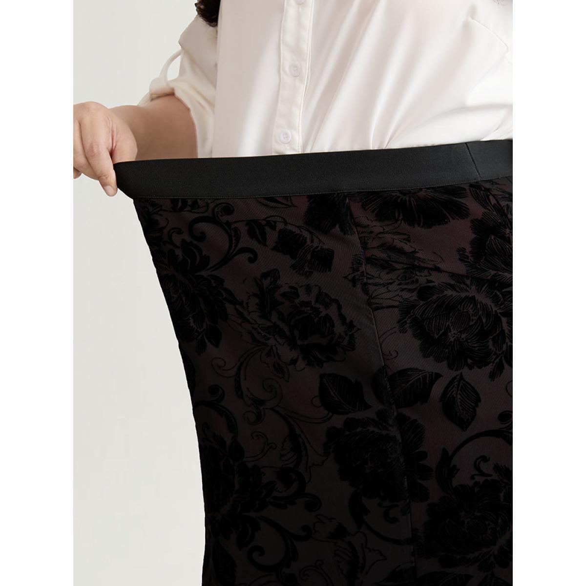 Plus Size Flocking Silhouette Floral Print Bodycon Skirt Women Scarlet Elegant Velvet Bodycon Medium stretch Dailywear Skirts BloomChic 10/M Product Image