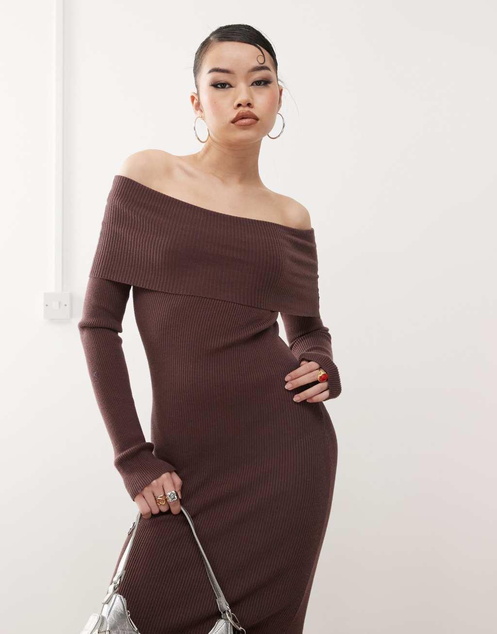 Princess Polly knitted extreme foldover bardot bodycon maxi dress in brown Product Image