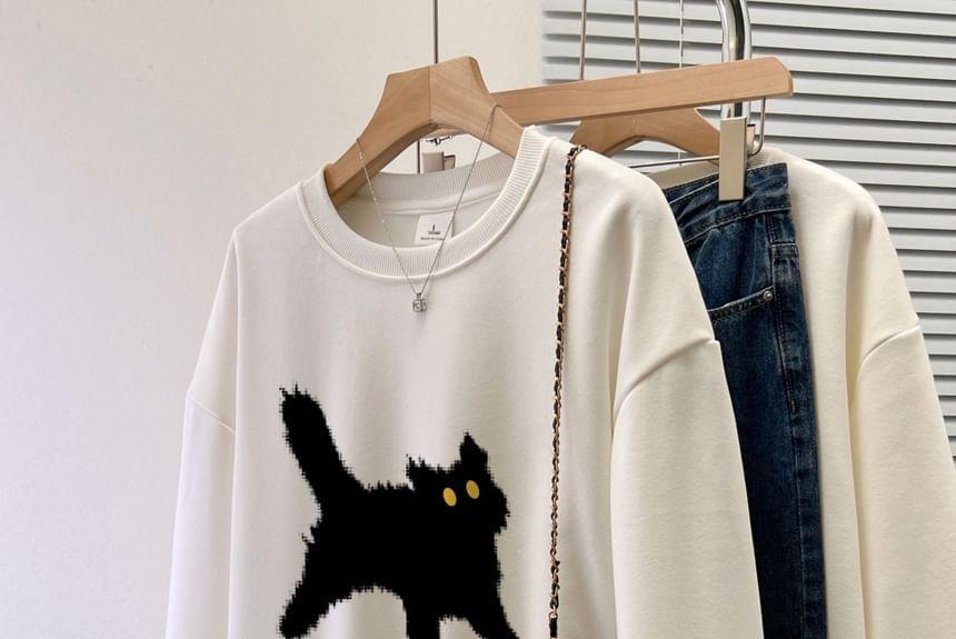 Crew Neck Cat Print Pullover Product Image