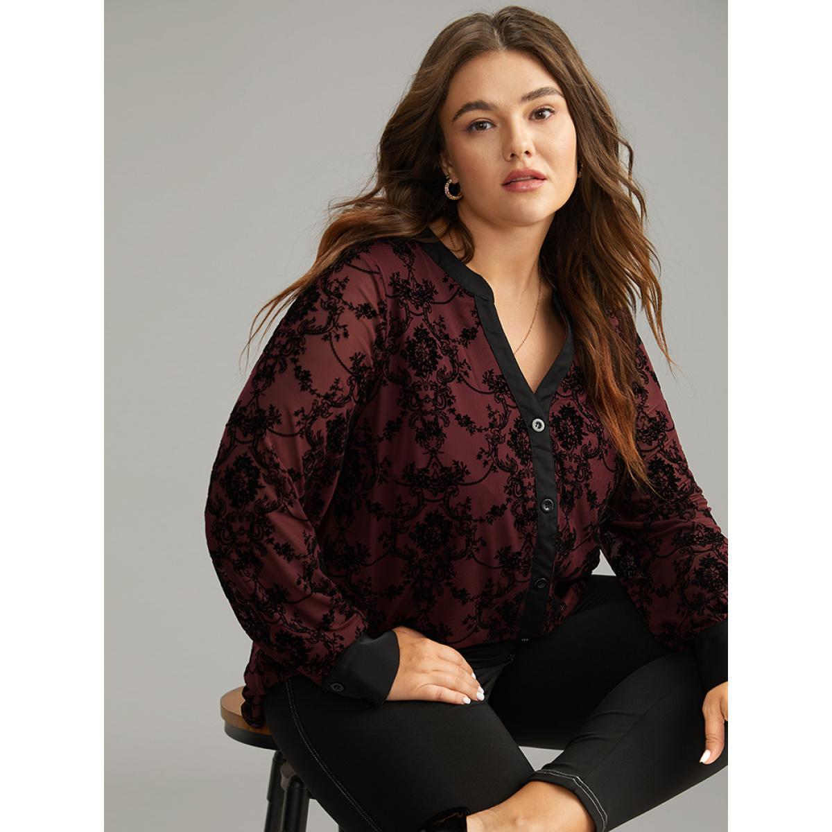 Plus Size DarkGreen Floral Print Mesh V Neck Blouse Women Elegant Long Sleeve V-neck Dailywear Blouses BloomChic 12/L Product Image