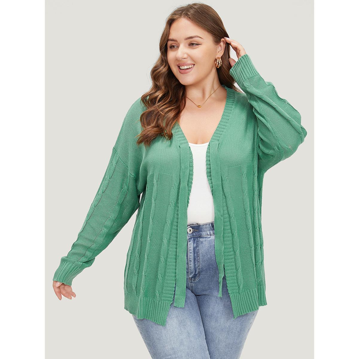 Plus Size Solid Ties Front Cable Knit Cardigan Green Women Casual Long Sleeve Dailywear Cardigans BloomChic 28/5X Product Image