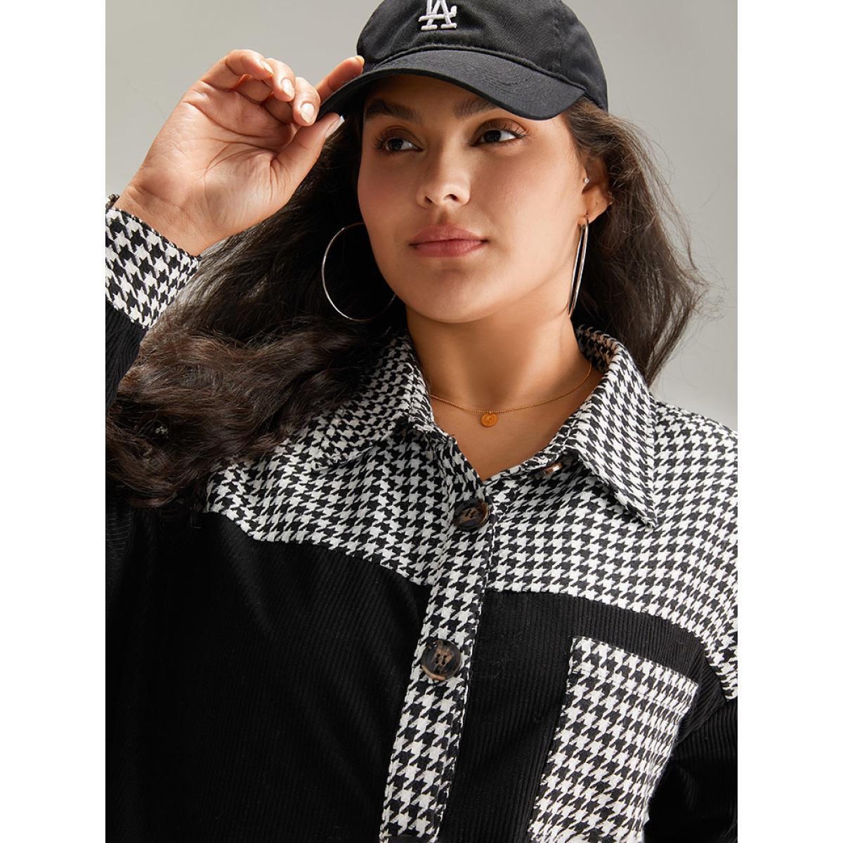 Plus Size Houndstooth Patchwork Pocket Button Through Corduroy Coat Women Black Casual Contrast Ladies Dailywear Winter Coats BloomChic 18-20/2X Product Image