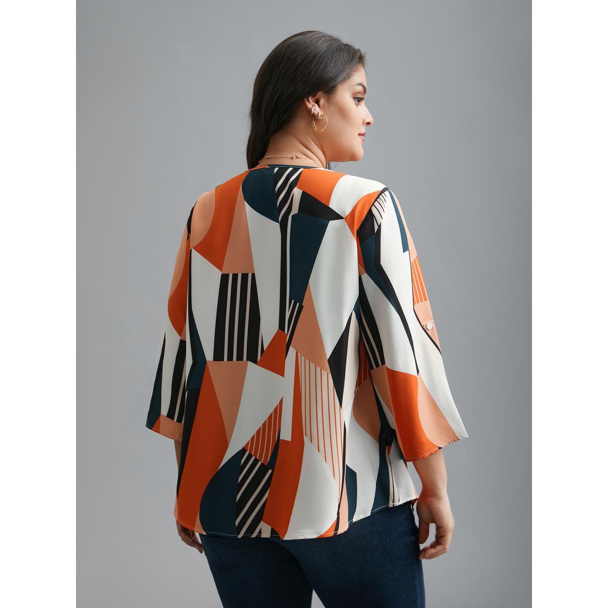 Plus Size Multicolor Abstract Print Tab Sleeve Blouse Women At the Office Elbow-length sleeve V-neck Work Blouses BloomChic 12/L Product Image