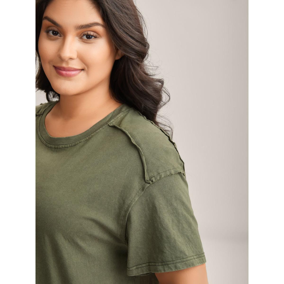 Plus Size Cotton Vintage Frayed Hem Crew Neck T-Shirt ArmyGreen Women Tucked seam Round Neck Everyday-Casual T-shirts BloomChic 22-24/3X Product Image