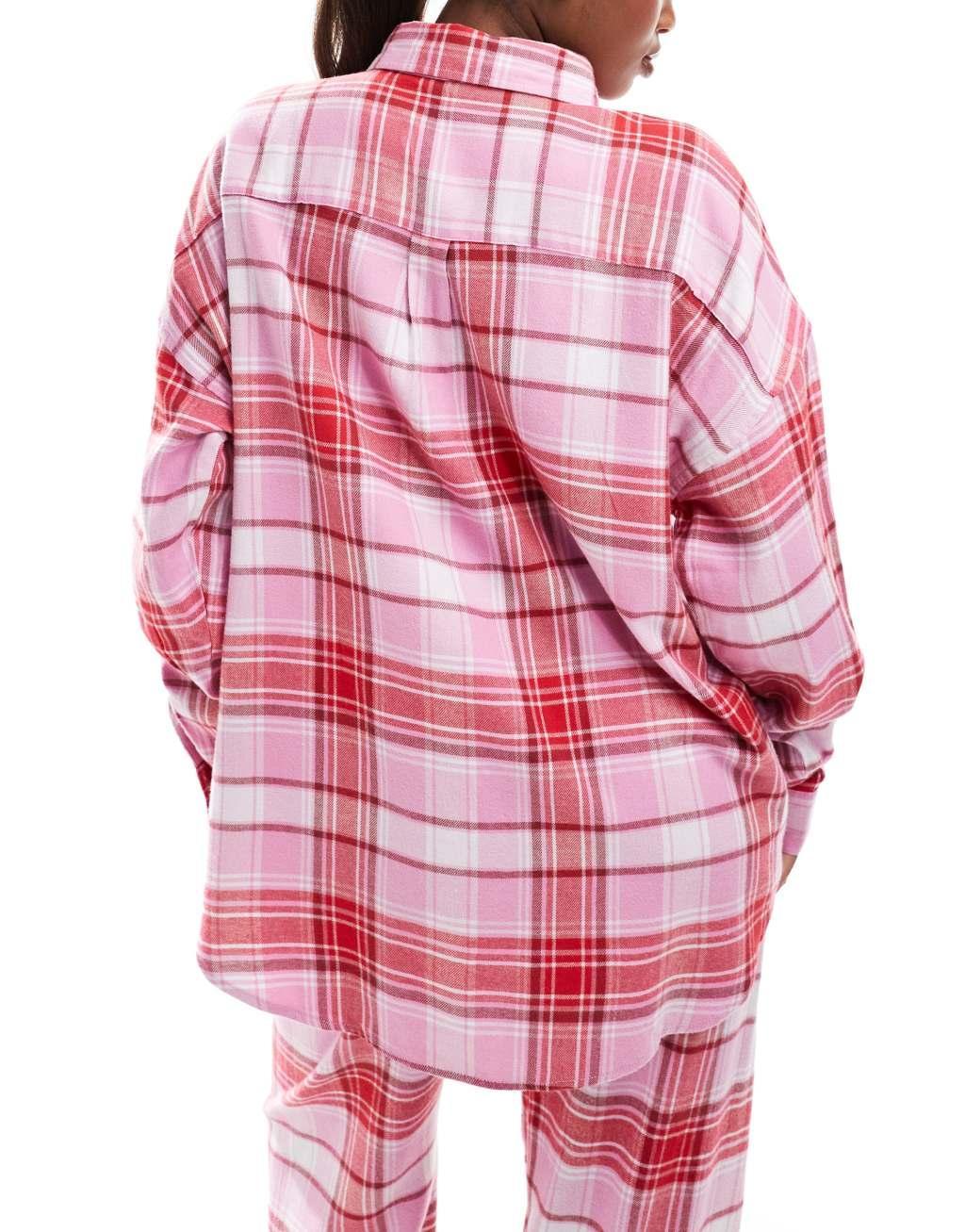 Cotton On relaxed flannel pajama shirt in pink red plaid Product Image