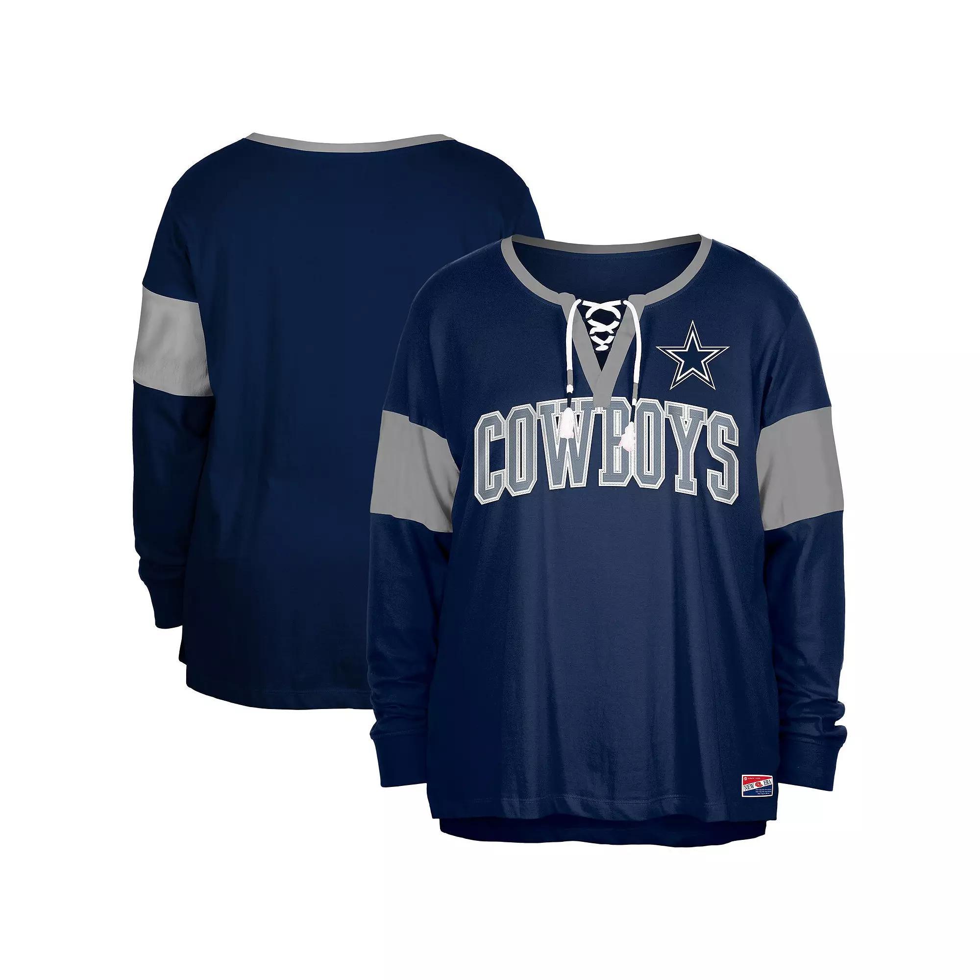 Women's New Era Navy Dallas Cowboys Plus Size Lace-Up Notch Neck Long Sleeve T-Shirt, Size: 3XL, Blue Product Image