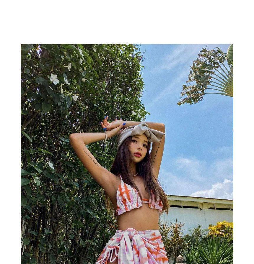 Set: Tie-Dyed Halter Bikini Top + Bottom + Cover-Up Skirt Product Image