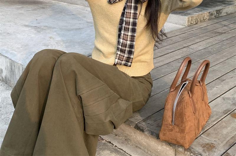 Mock Two-Piece Long-Sleeve Tie-Neck Plaid Panel Button Knit Top / Mid Waist Wide Leg Pants Product Image