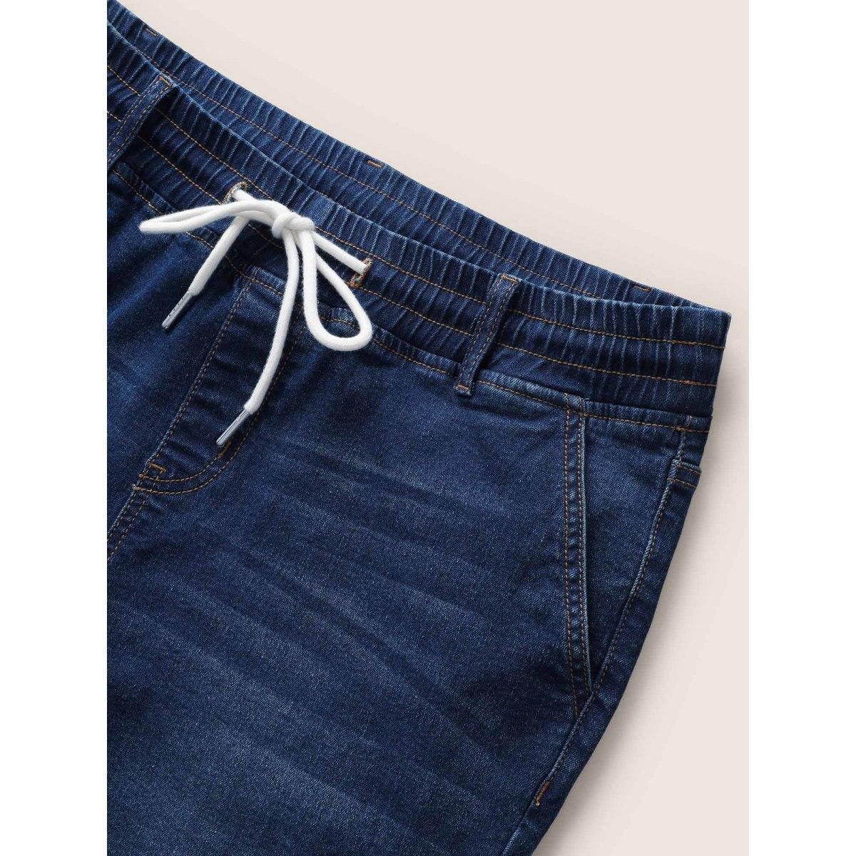 Plus Size Dark Wash Drawstring Slit Hem Denim Shorts Women Indigo Drawstring High stretch Everyday Slanted pocket Casual Denim Shorts BloomChic 16/1X Product Image