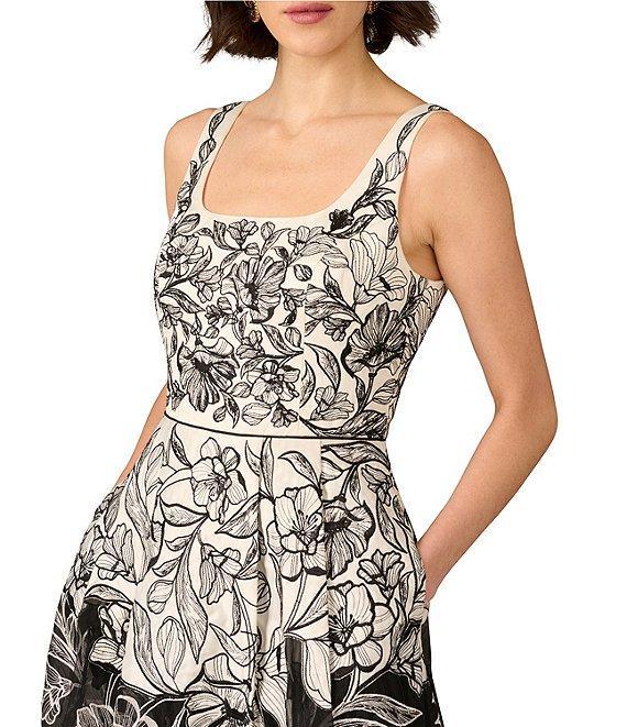 Aidan Mattox Organza Embroidered Floral Print Square Neck Sleeveless A-Line Midi Dress Product Image