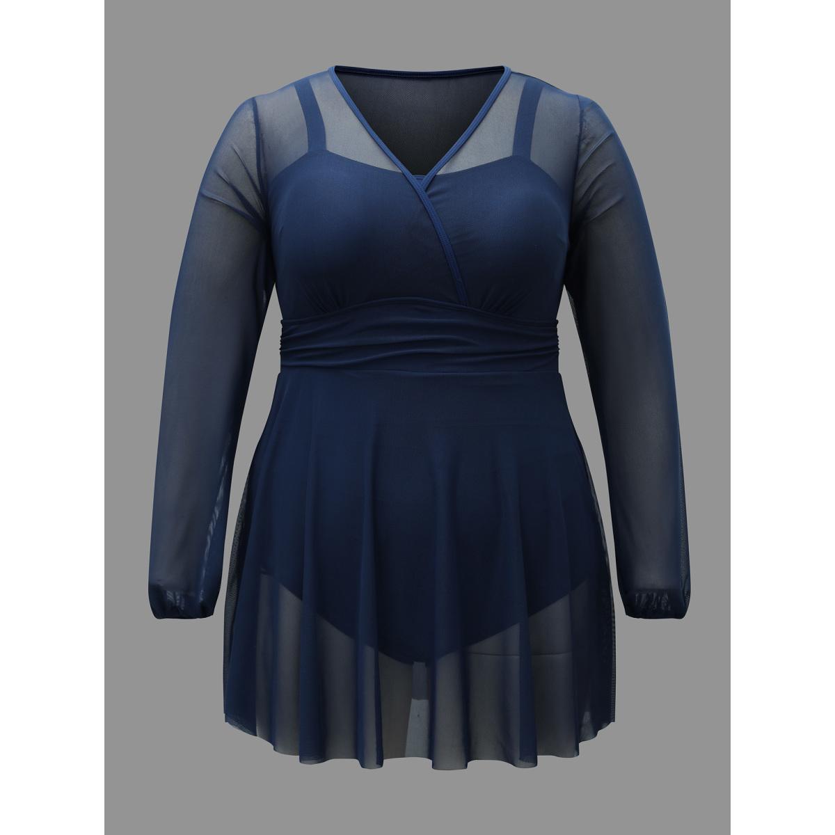 Plus Size Long Sleeve Mesh Ruffle Hem Swim Dress Women's Swimwear Mediumblue Beach Bodycon Overlap Collar High stretch Curve Swim Dresses BloomChic 14-16/1X Product Image