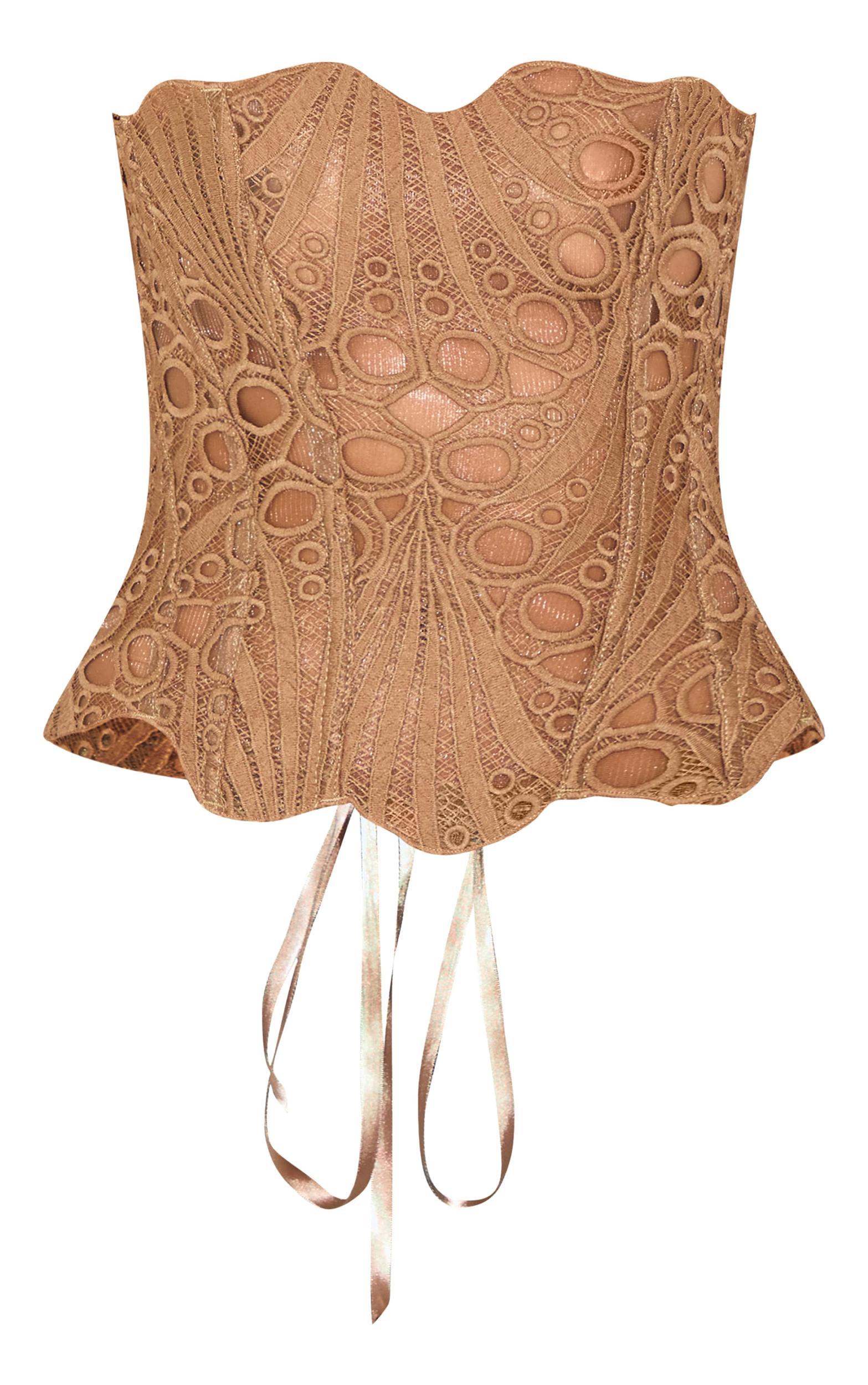 Brown Textured Sheer Floral Lace Corset Product Image