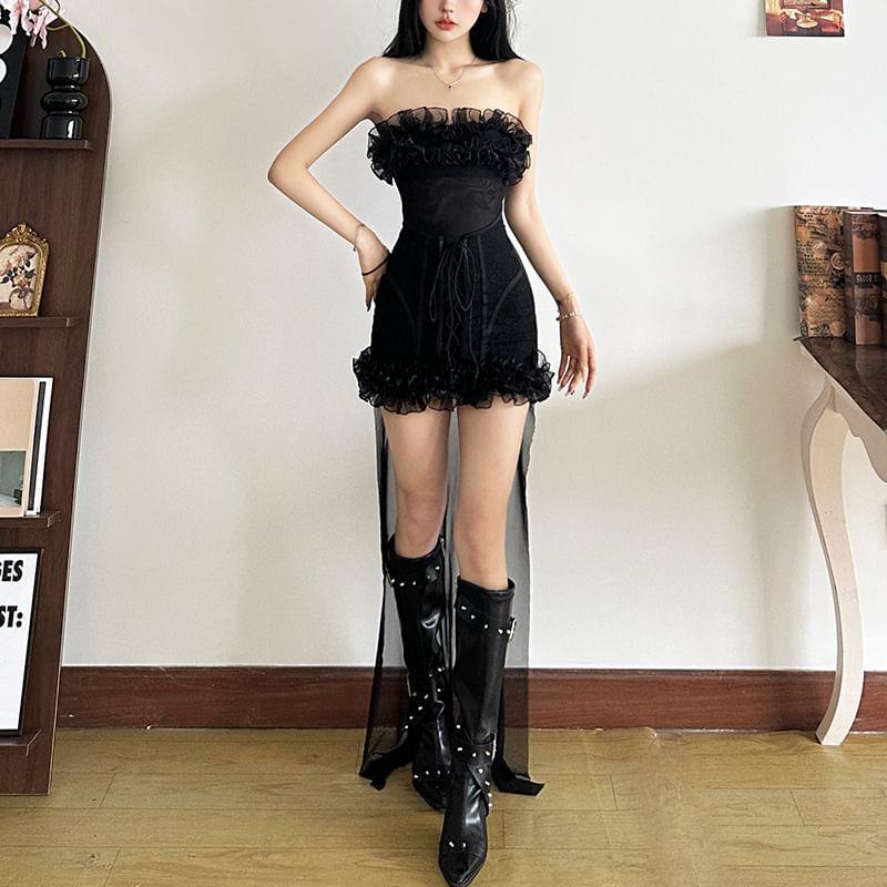 Strapless Plain Ruffle Hem Lace-Up Bodycon Mini Dress Product Image