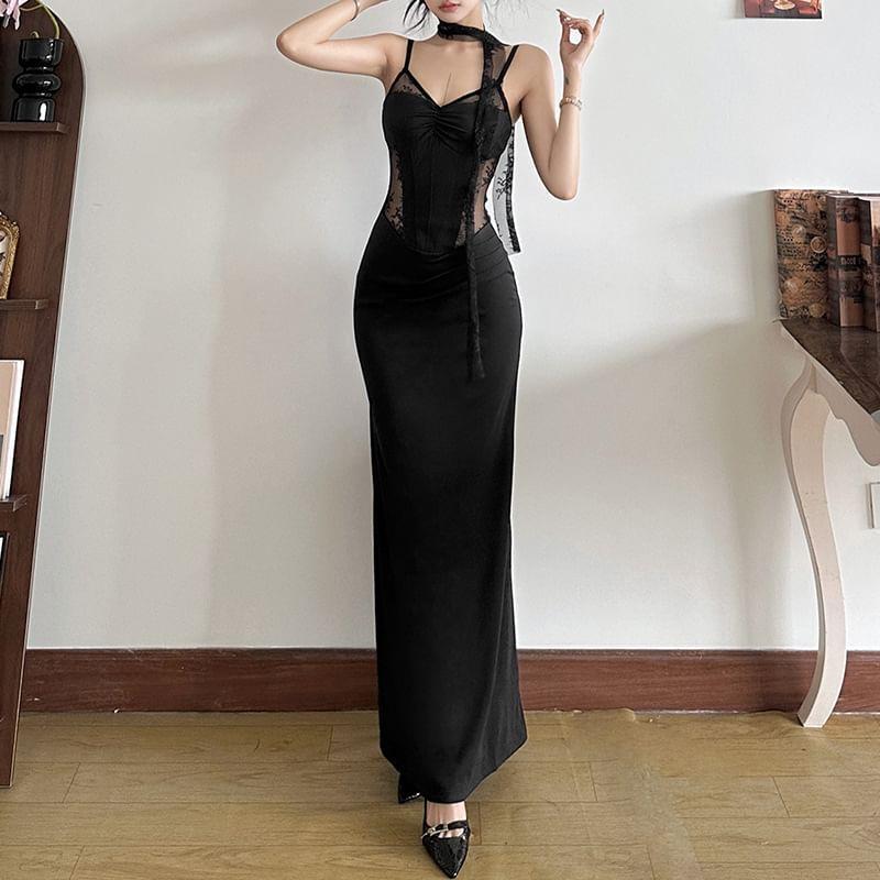 Spaghetti Strap V-Neck Plain Ruched Panel Lace Maxi Sheath Dress Product Image