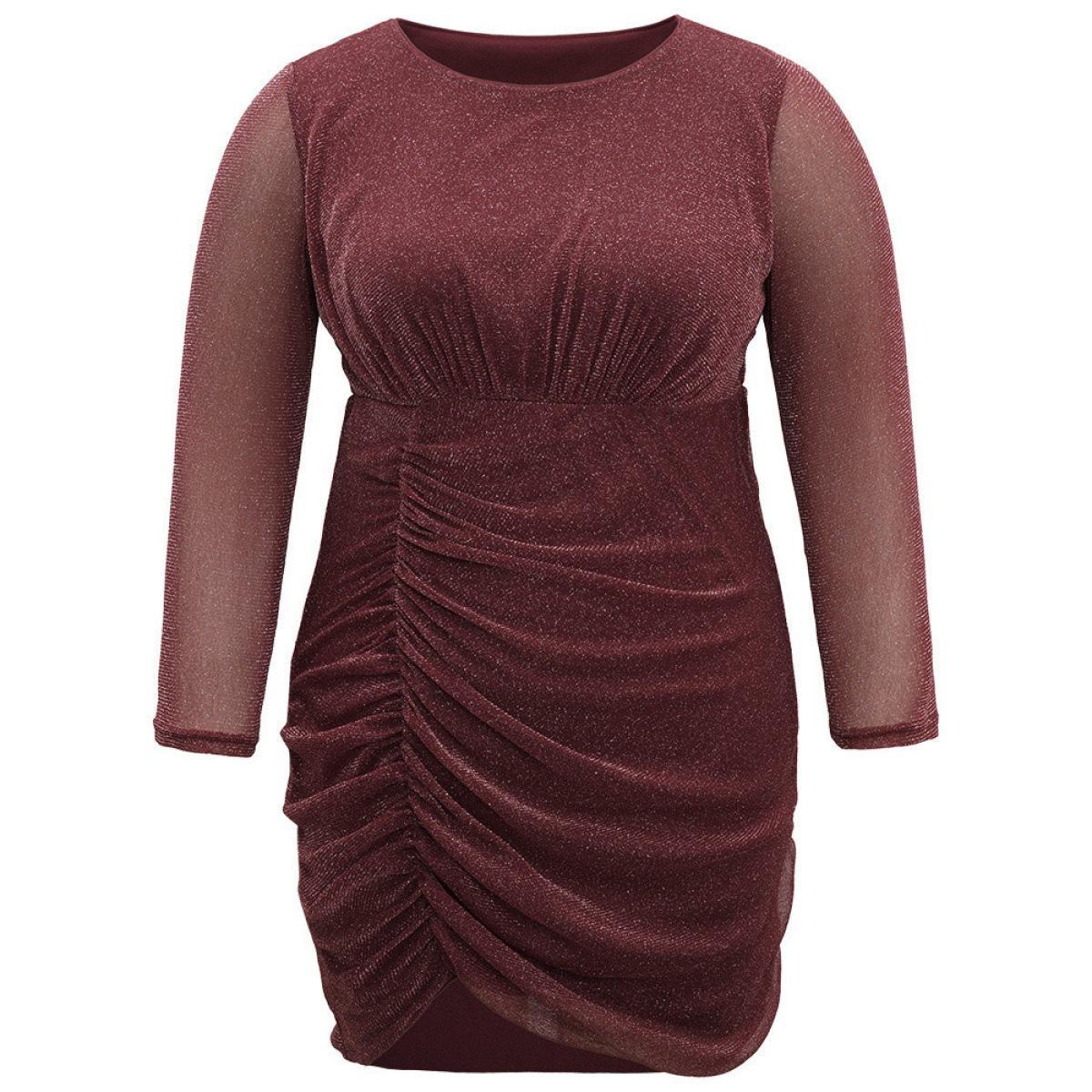 Plus Size Lurex Glitter Crew Neck Mesh Patchwork Gathered Dress Burgundy Women Casual Gathered Round Neck Long Sleeve Curvy Midi Dress BloomChic 30/6X Product Image