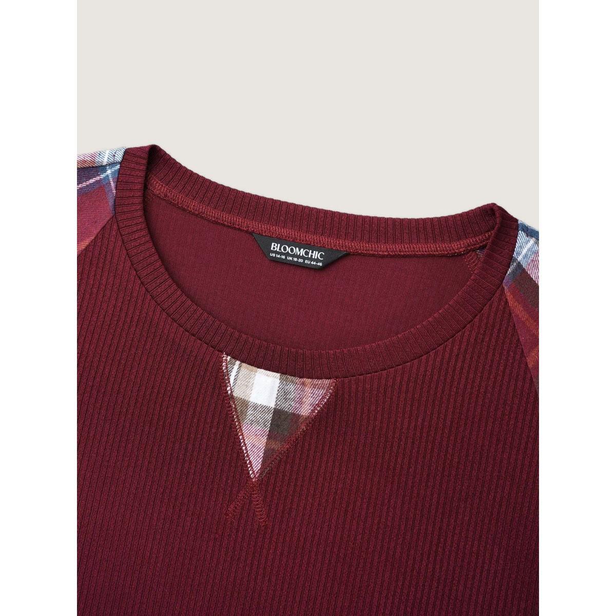 Plus Size Plaid Patchwork Raglan Sleeve Sweatshirt Women Burgundy Casual Texture Round Neck Everyday Sweatshirts BloomChic 30/6X Product Image