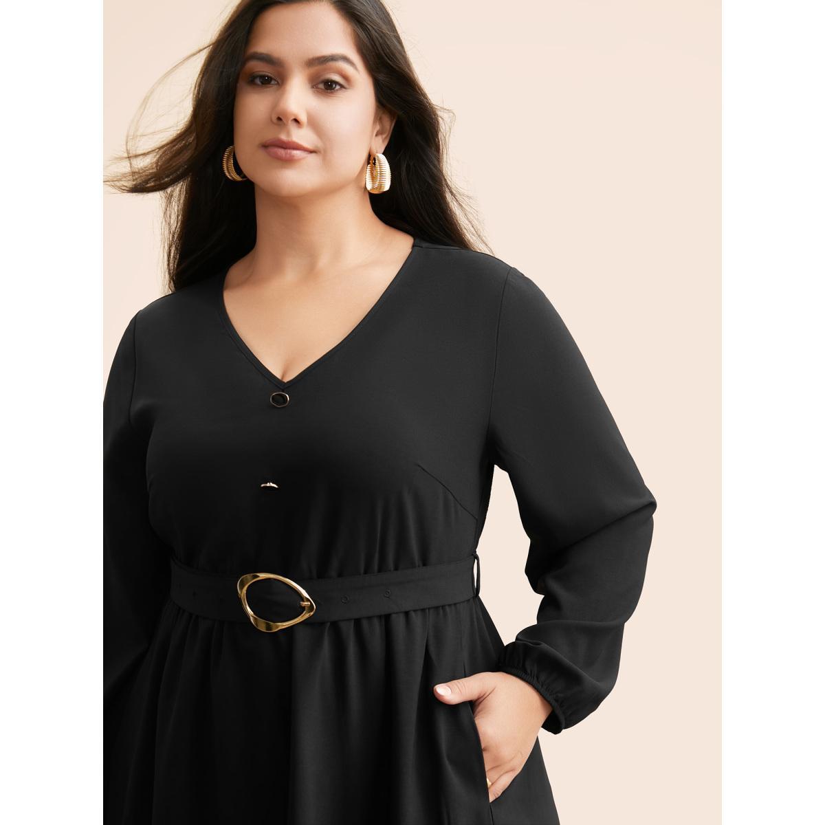 Plus Size V Neck Button Detail Belted Dress Black Women At the Office Belted V-neck Long Sleeve Curvy BloomChic 18-20/2X Product Image