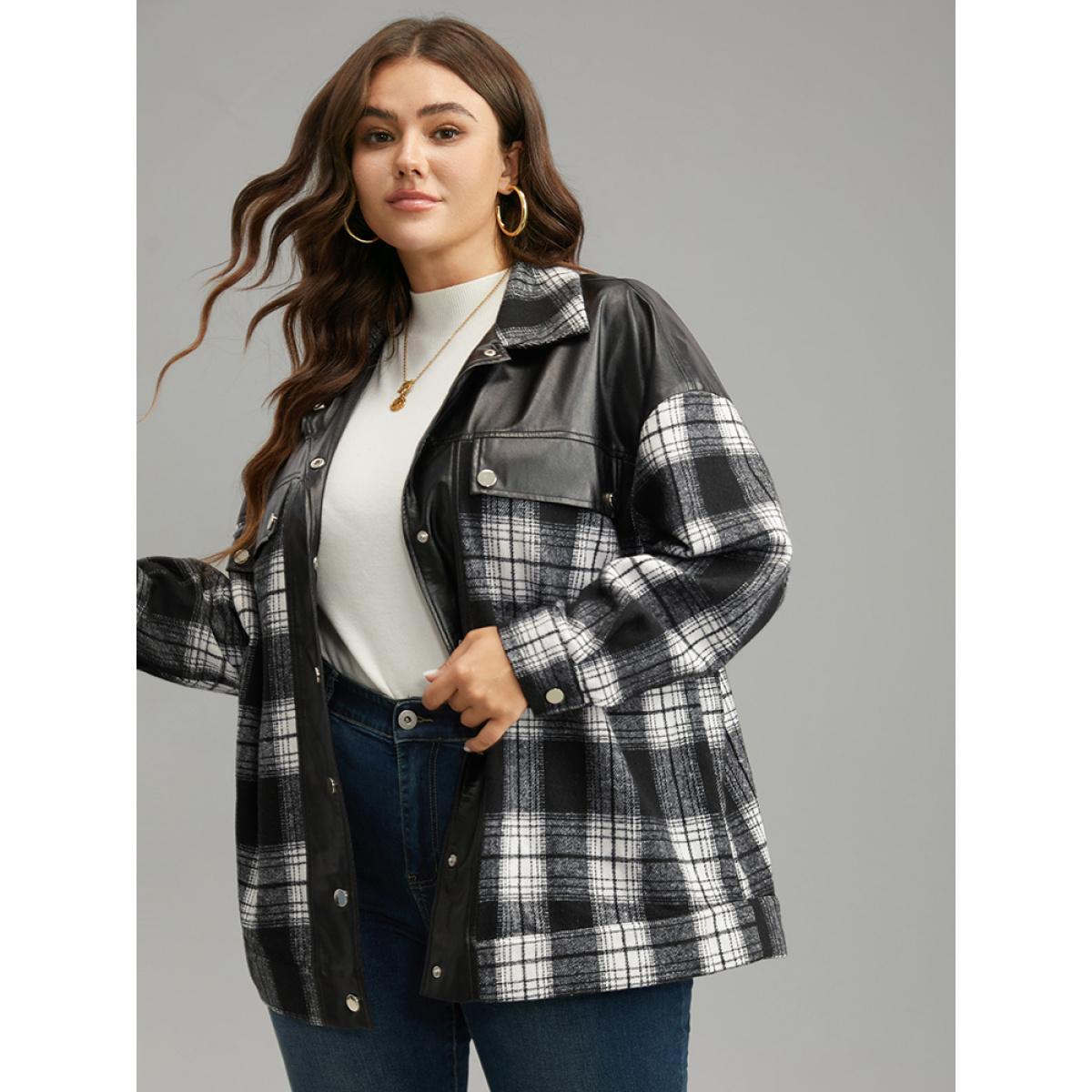Plus Size Plaid Patchwork Contrast Button Up Shacket Women Black Contrast Pocket Dailywear Jackets BloomChic 12/L Product Image