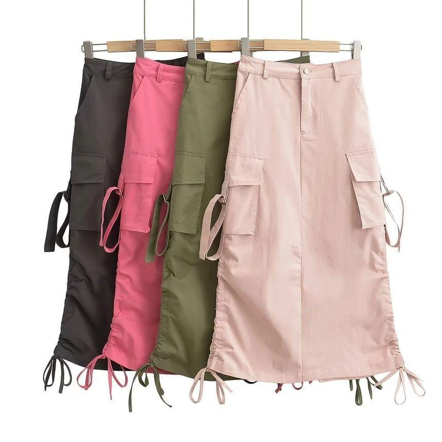 High Rise Plain Drawstring Midi A-Line Cargo Skirt Product Image