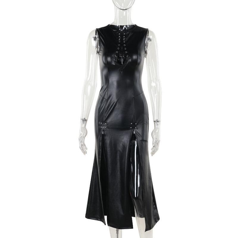 Sleeveless Slit Hem Cutout Midi A-Line Dress Product Image