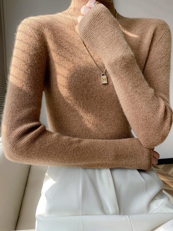 Casual Skinny Long Sleeves Solid Color Half Turtleneck Sweater Tops Product Image