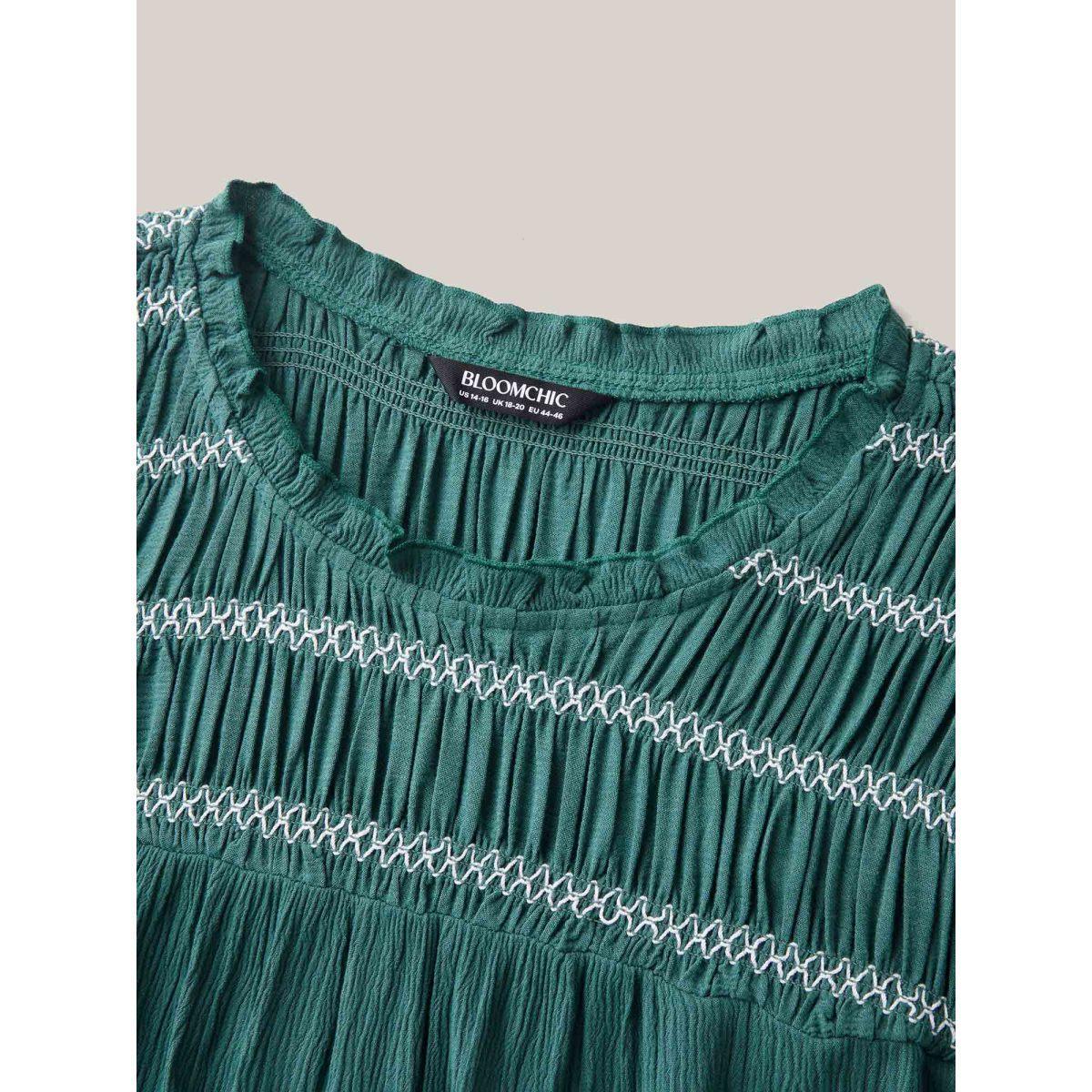 Plus Size Teal Rayon Shirred Neck Flutter Sleeve Tiered Blouse Women Cap Sleeve Round Neck Vacation Blouses BloomChic 22-24/3X Product Image