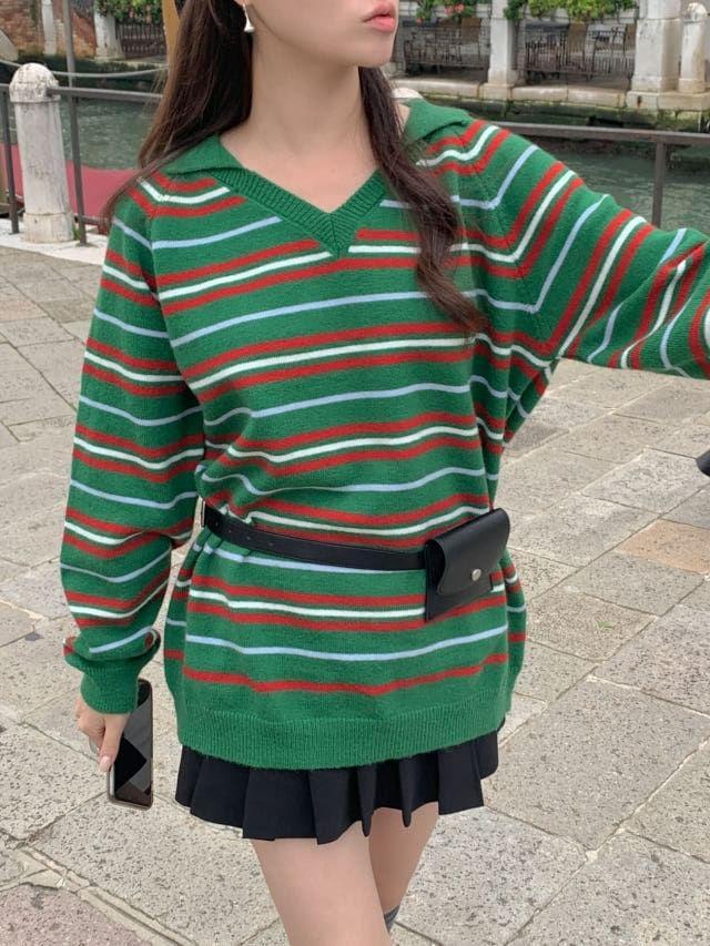 V-Neck Collared Striped Sweater Product Image