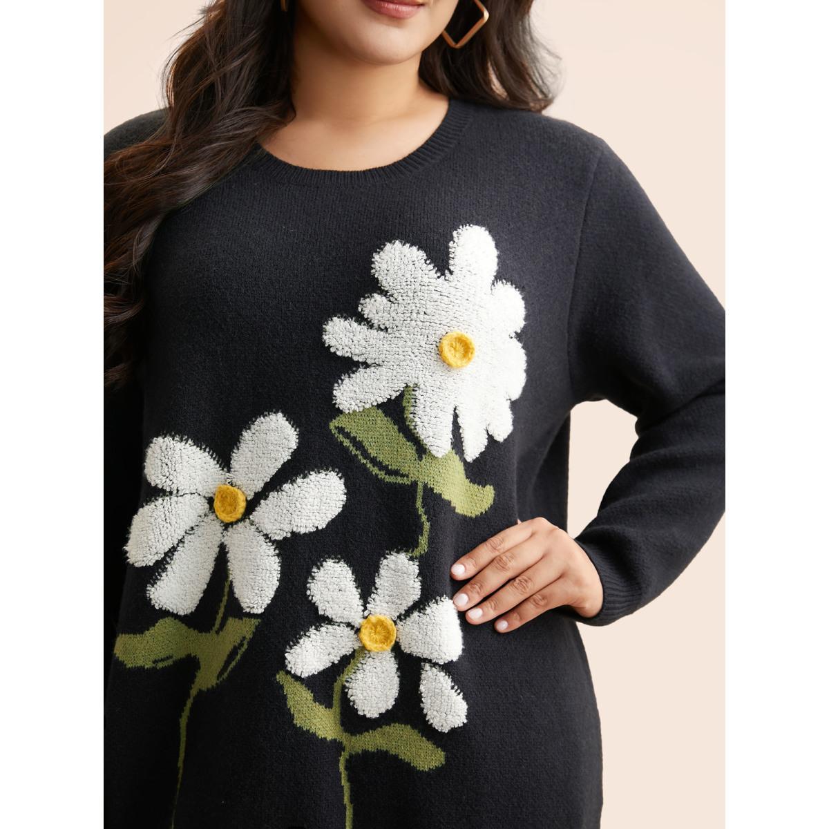 Plus Size Round Neck Floral Contrast Texture Pullover Indigo Women Casual Long Sleeve Round Neck Everyday Pullovers BloomChic 22-24/3X Product Image