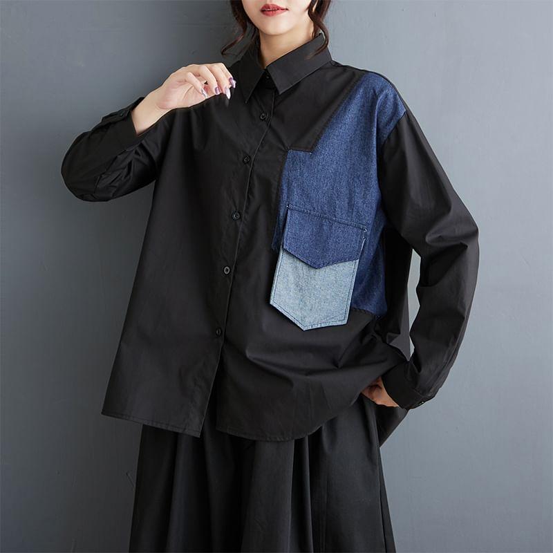 Long-Sleeve Patchwork Shirt Product Image