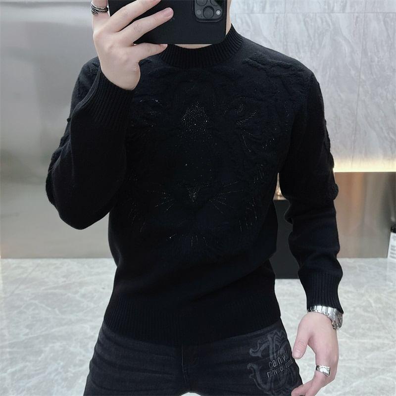 Mock Neck Rhinestone Tiger Patterned Sweater Product Image