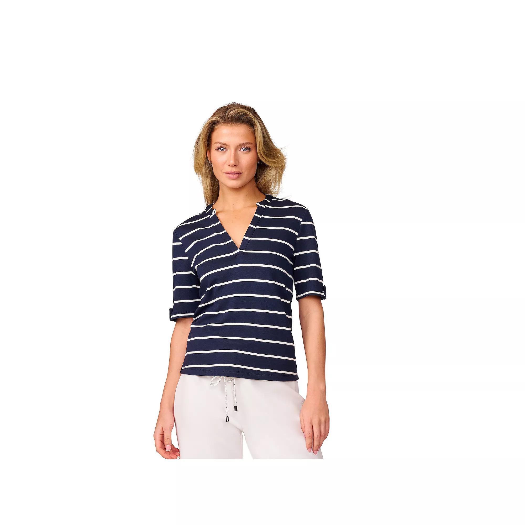 Women's Cable & Gauge V-Neck Button Sleeve Top, Size: Medium, Navy White Stripe Product Image