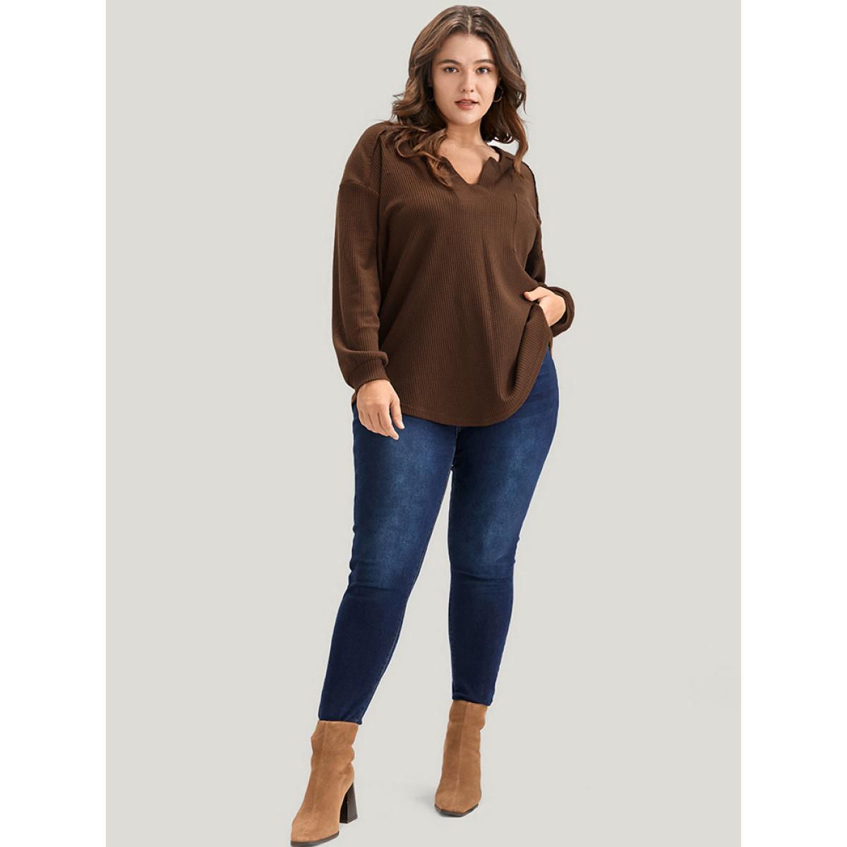 Plus Size Solid Pocket Notched Waffle Knit Sweatshirt Women DarkBrown Elegant Pocket V-neck Dailywear Sweatshirts BloomChic 22-24/3X Product Image