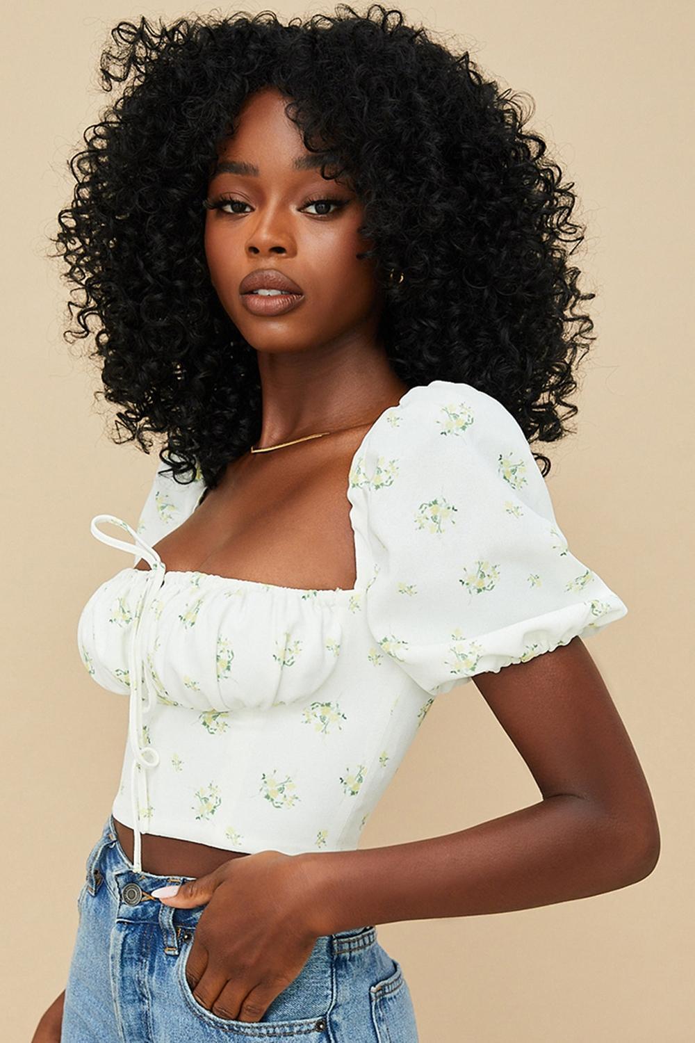 Arianna Ivory Floral Puff Sleeve Cropped Top Product Image