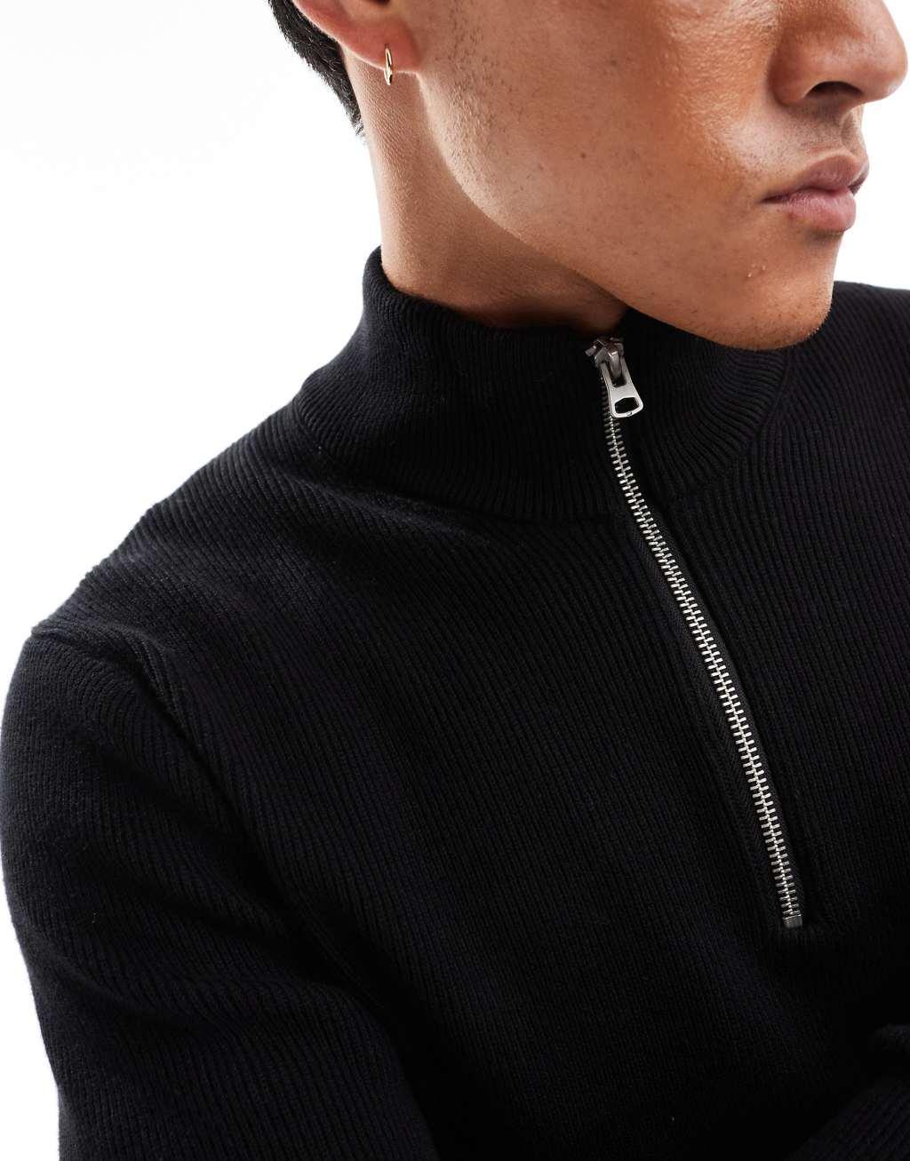 ONLY & SONS ribbed half zip sweater in black Product Image