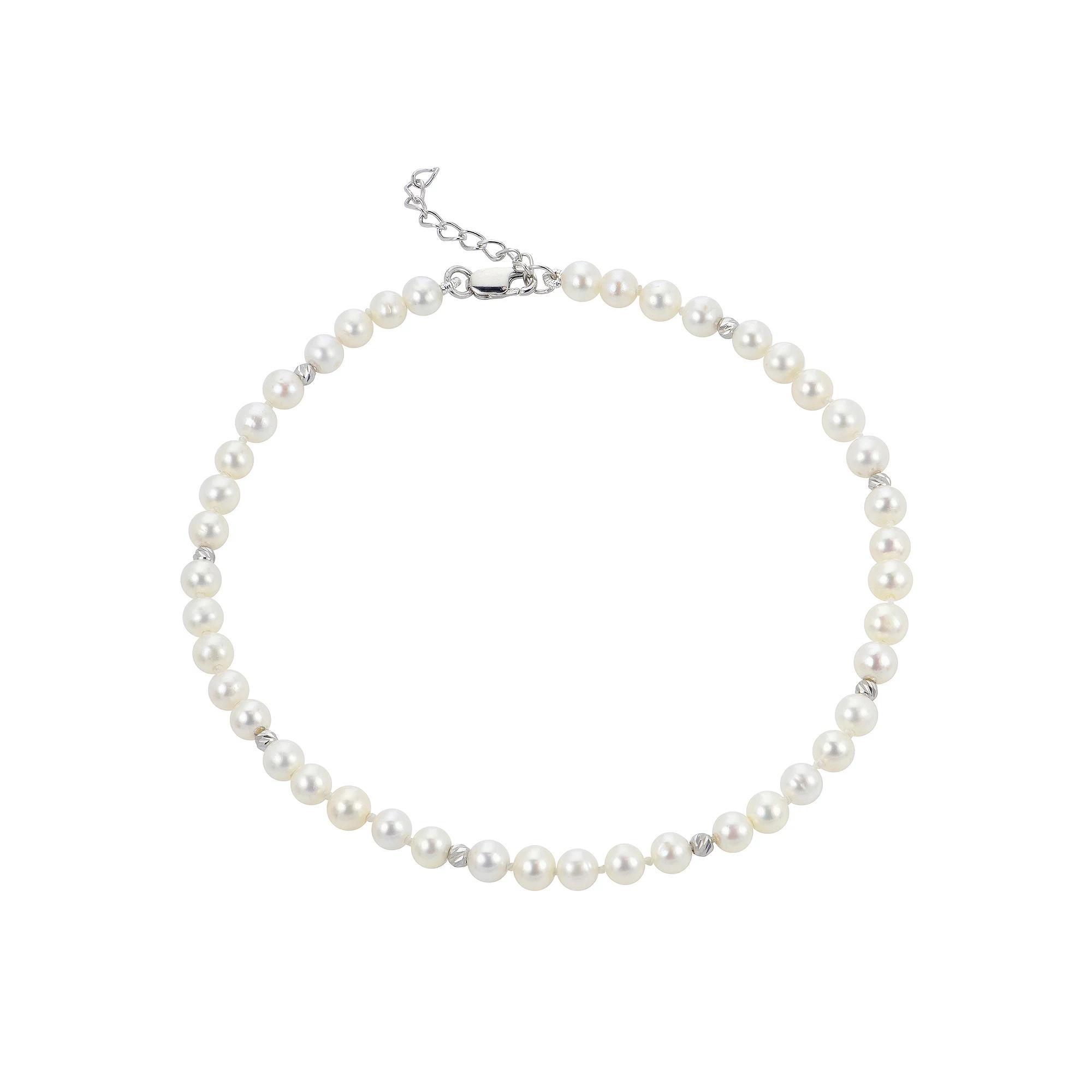 PearLustre by Imperial Sterling Silver Freshwater Cultured Pearl & Textured Bead Anklet, Womens Product Image