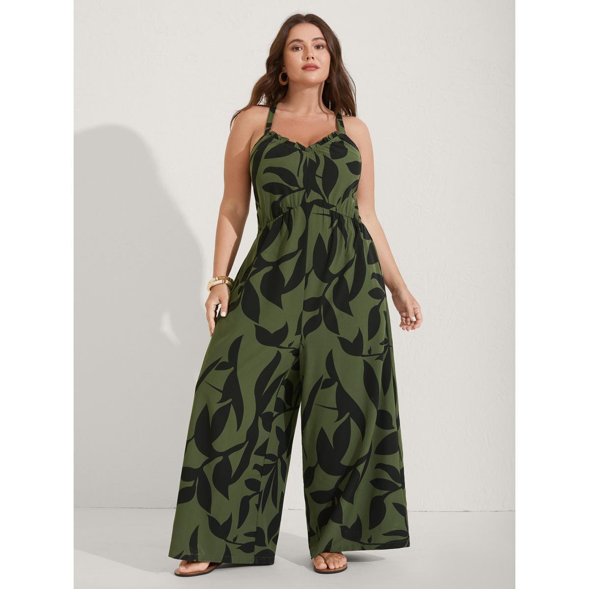 Plus Size ArmyGreen Silhouette Floral Print Sweetheart Jumpsuit Women Sleeveless V-neck Vacation Loose Jumpsuits BloomChic 26/4X Product Image