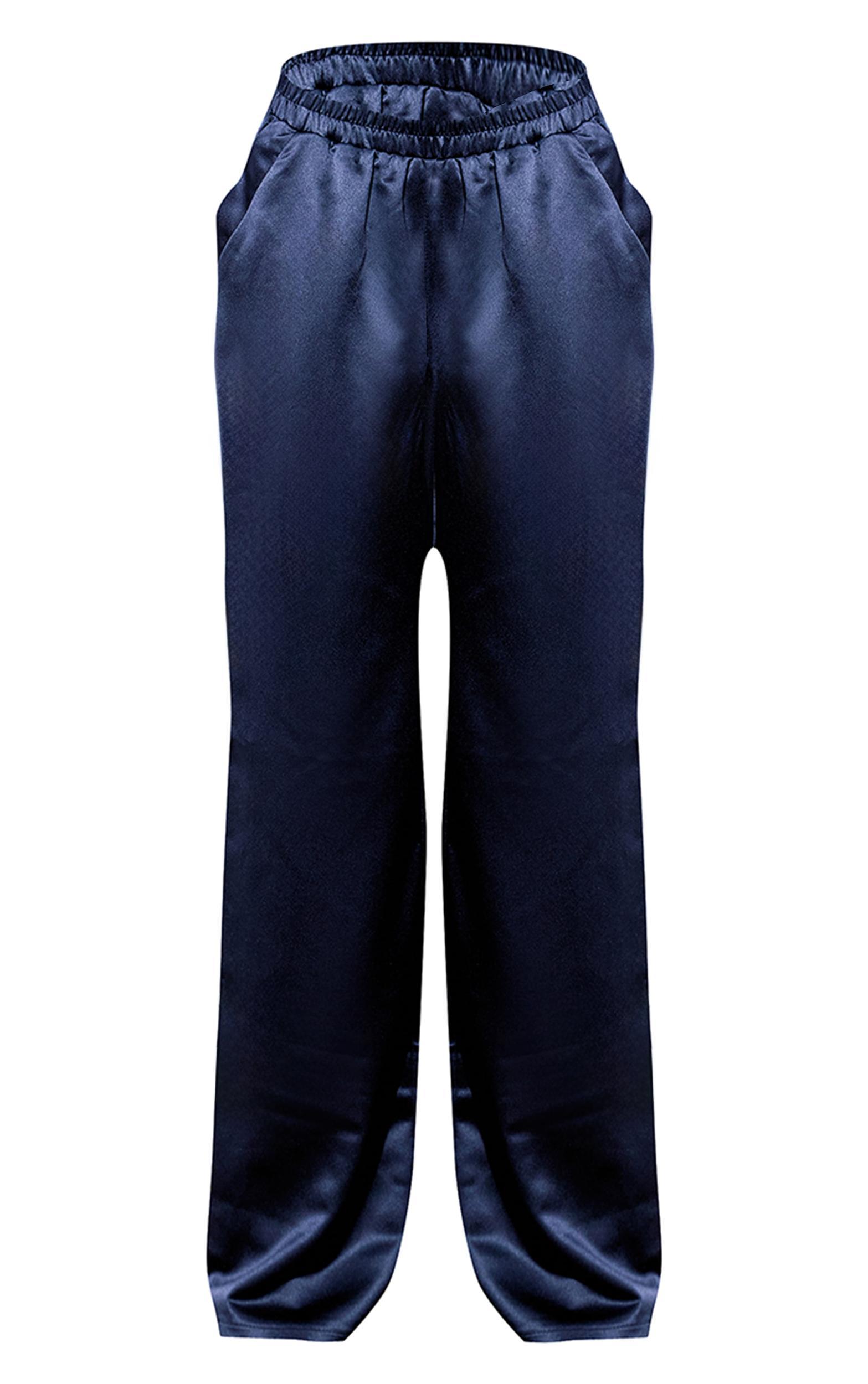 Navy Satin Wide Leg Pants Product Image