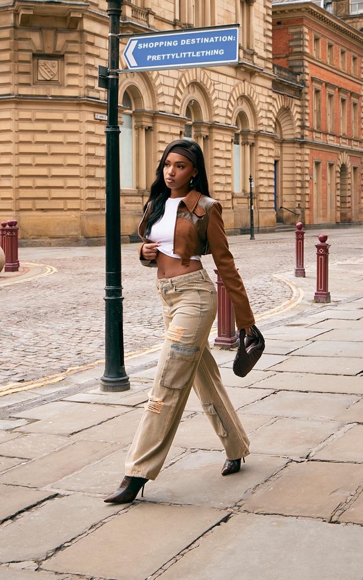 Brown Faux Suede Contrast Faux Leather Western Look Cropped Jacket Product Image