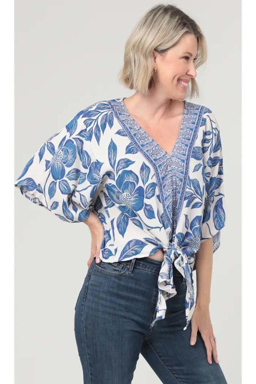 V Neck Tie Waist Kimono Sleeve Blouse Product Image