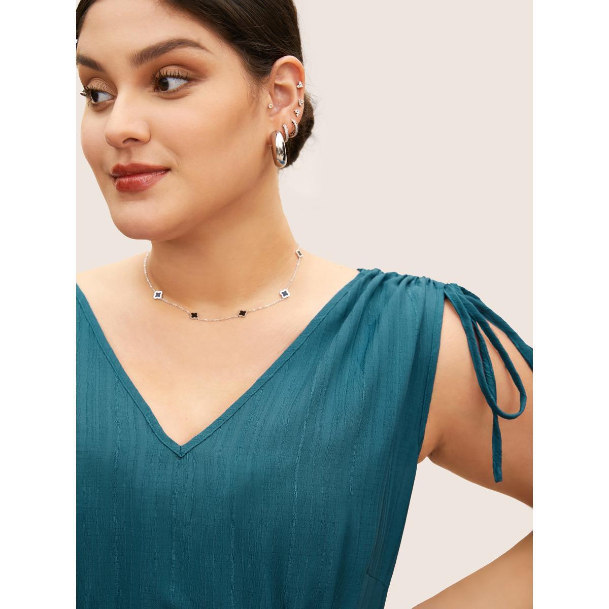 Plus Size Plain Textured Drawstring Ruffle Hem Dress Cerulean Women At the Office Texture V-neck Sleeveless Curvy BloomChic 30/6X Product Image