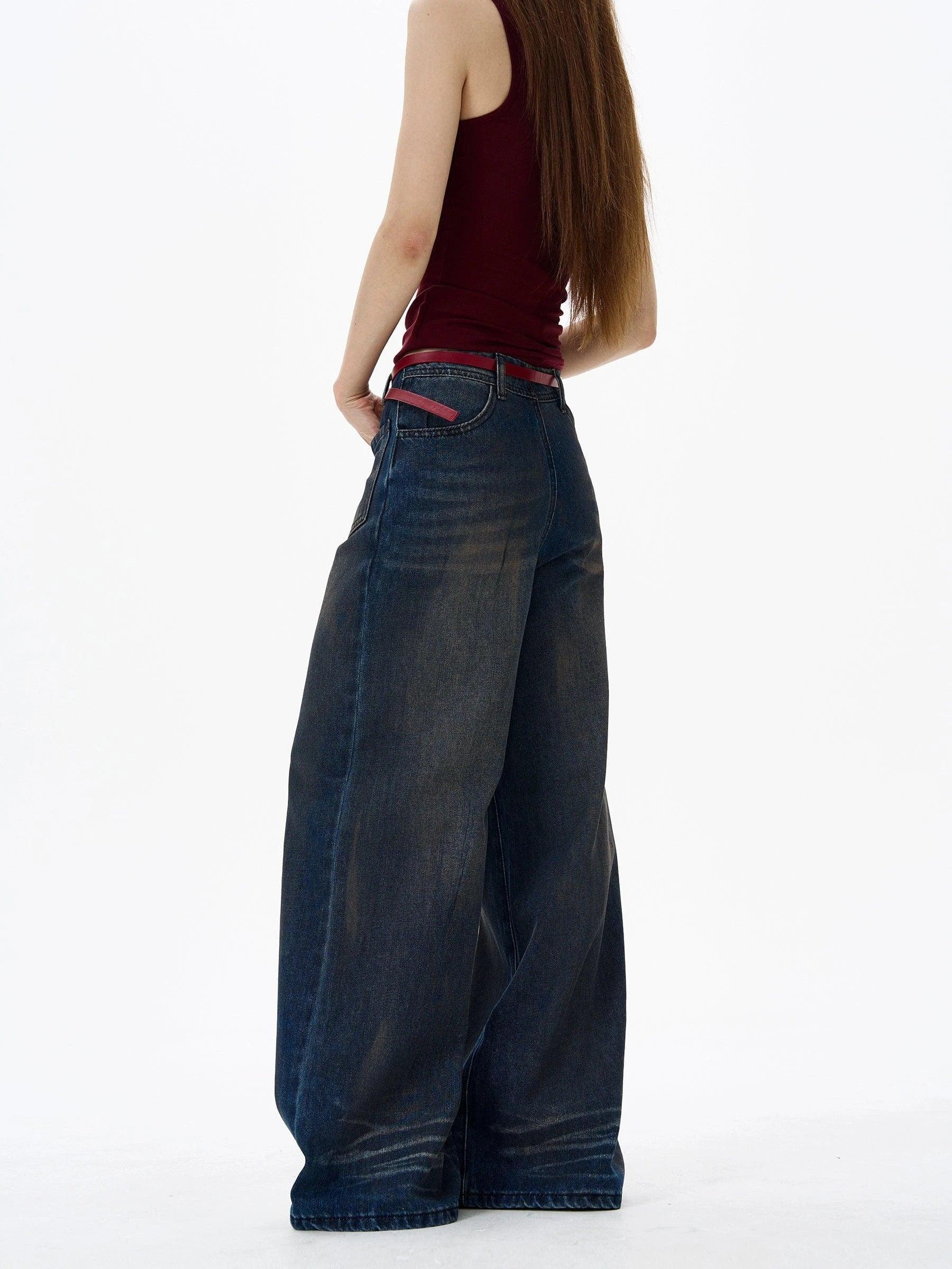 RT No. 18146 WASHED DARK BLUE DENIM STRAIGHT JEANS Product Image