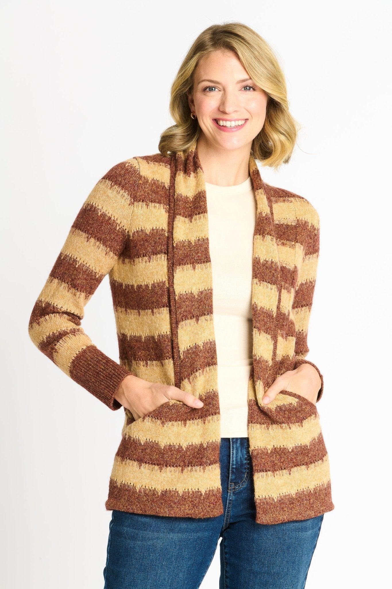 Wave Stripe J-Pocket Cardigan Sweater, Caramel Heather Product Image