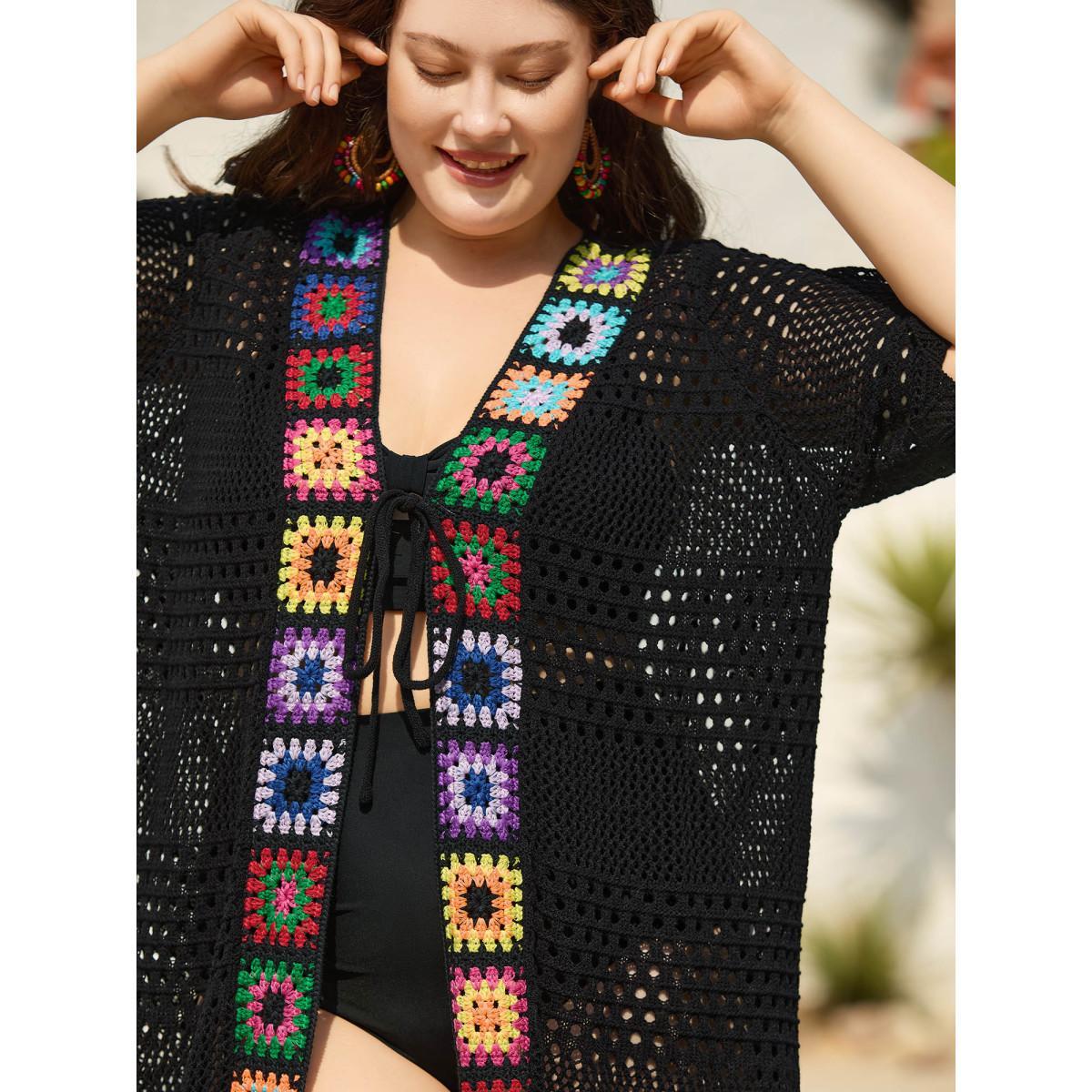 Plus Size Crocheted Cut-Out Tied Swim Cover-Up Women's Swimwear Black Beach Loose Texture Curve Swim Cover Ups BloomChic 12/L Product Image