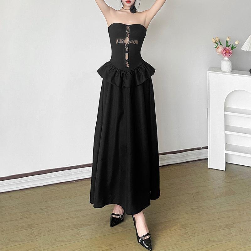 Set: Strapless Cross Panel Maxi A-Line Dress + Shrug Product Image