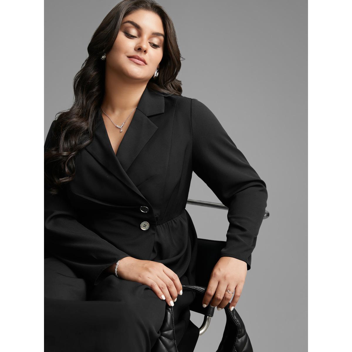 Plus Size Suit Collar Metal Detail Midi Dress Black Women At the Office Overlapping Suit Collar Long Sleeve Curvy BloomChic 22-24/3X Product Image
