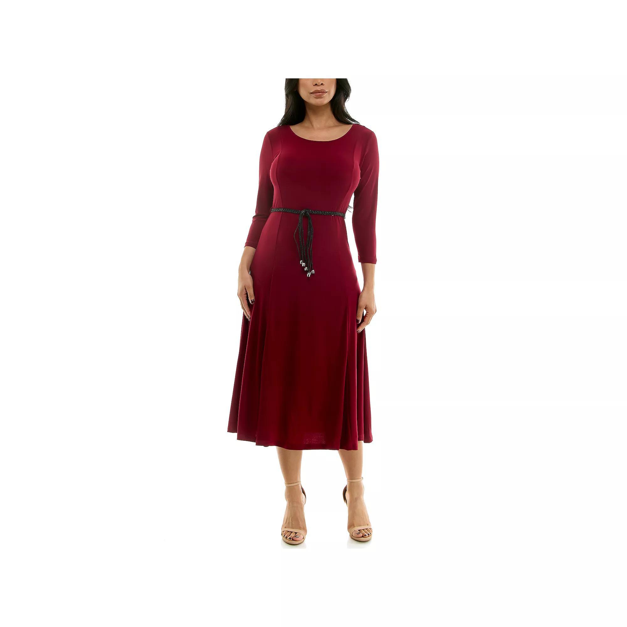 Women's Nina Leonard Sylvia Three-Quarter Sleeve Belted Midi Dress, Size: XL, Ivory Product Image